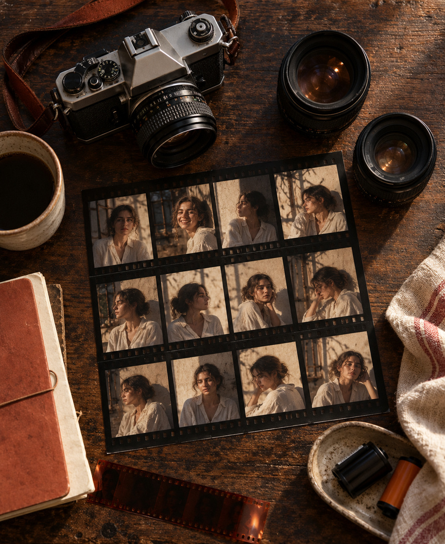 Appareil photo et objectifs posés sur une table de travail