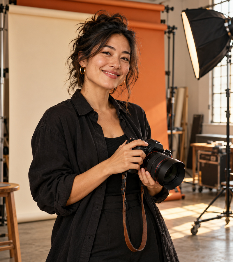 Photographe souriante tenant son appareil dans son studio