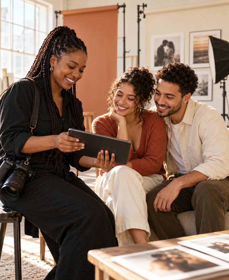 Photographe présentant ses photos à des clients lors d’un premier rendez-vous