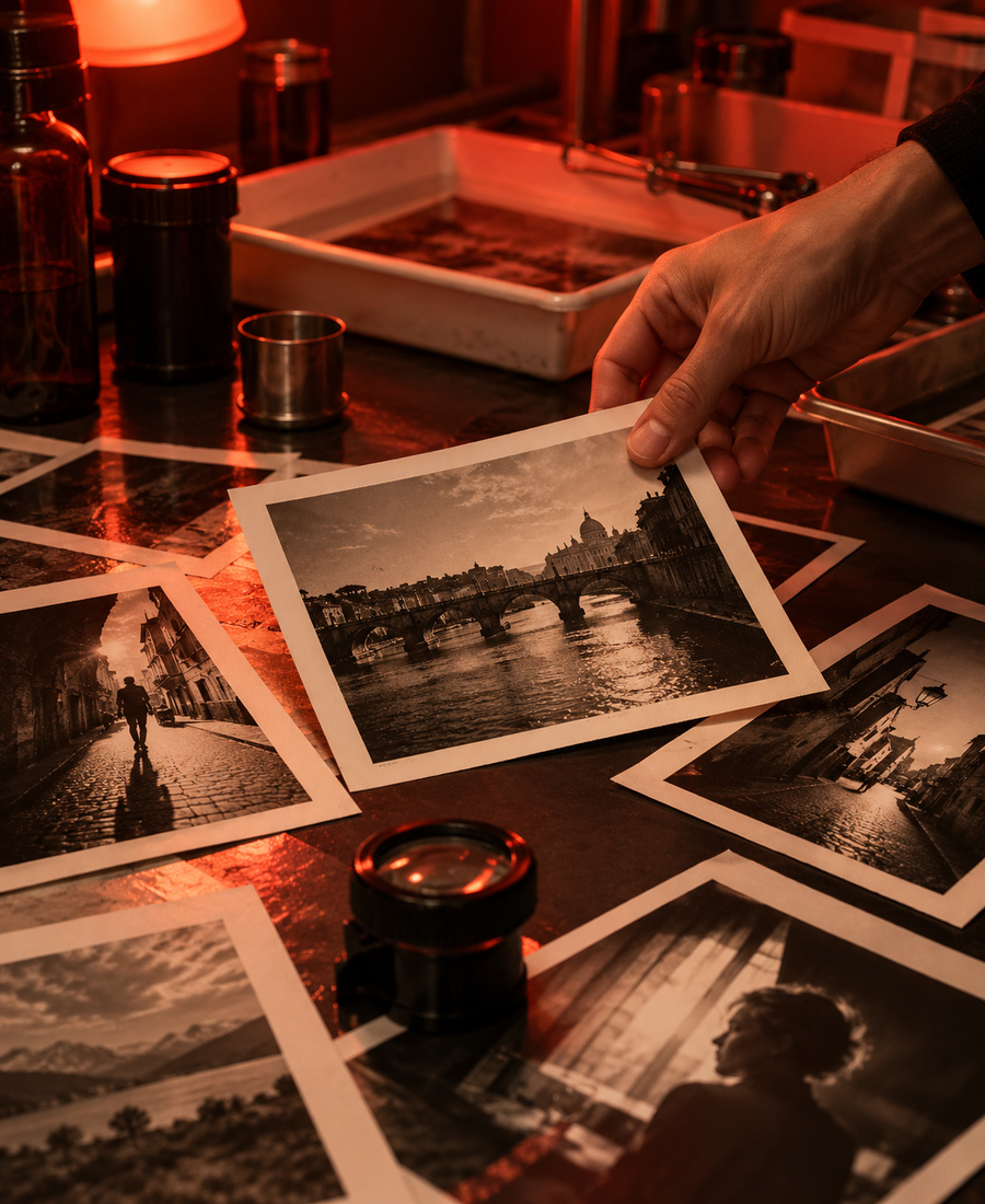Tirages photo étalés sur une table, sélection des meilleures images